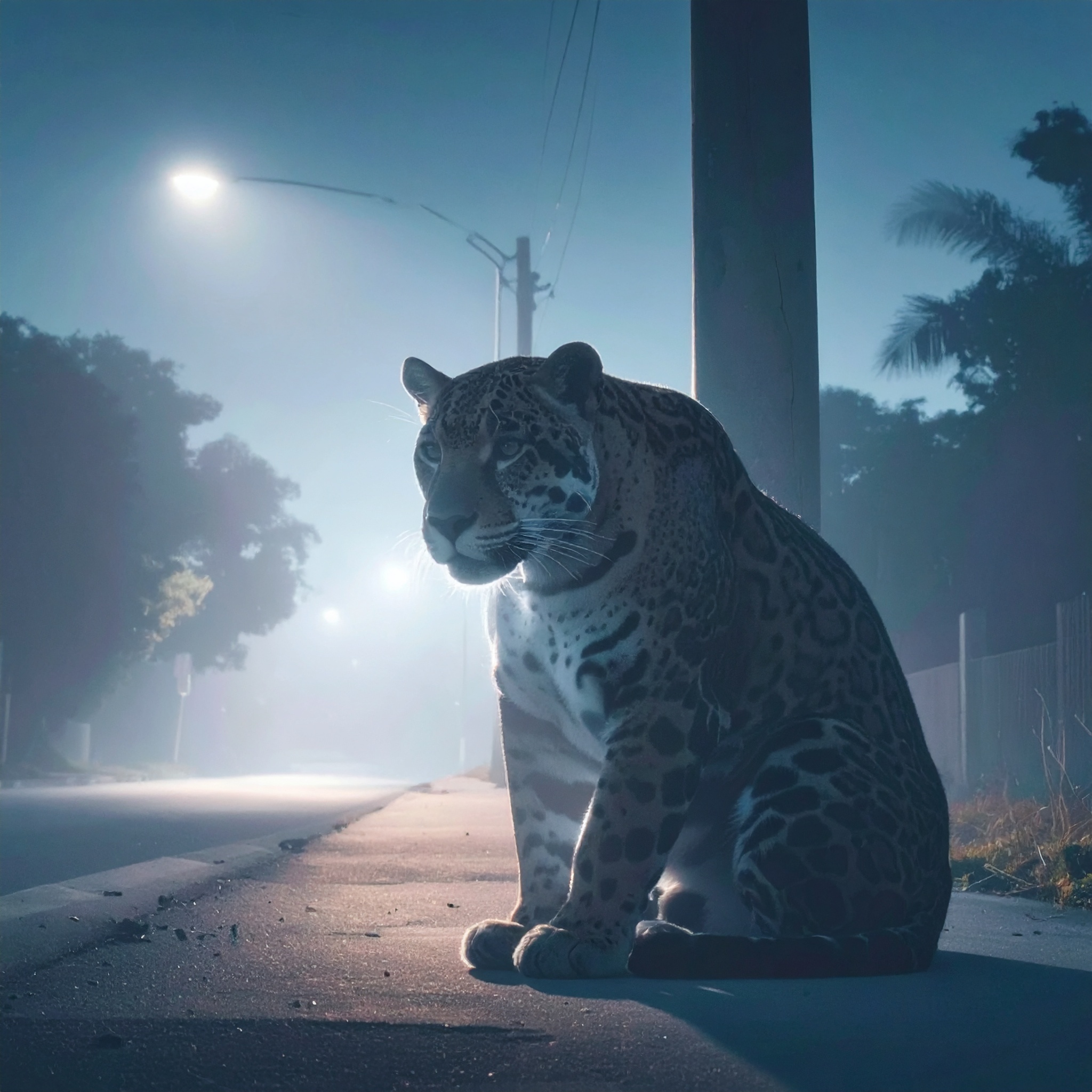 Moody digital artwork of a jaguar resting beneath a lamppost in a shadowy night setting.